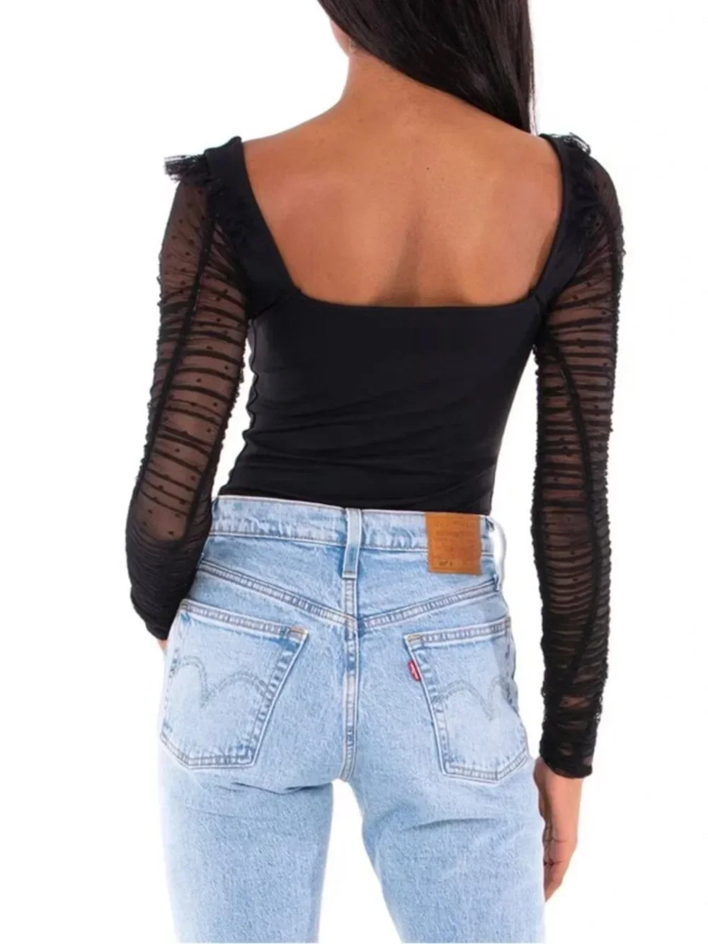 Free People Must Be Love Bodysuit Mesh Ruched Sleeve Square Neck in Black L